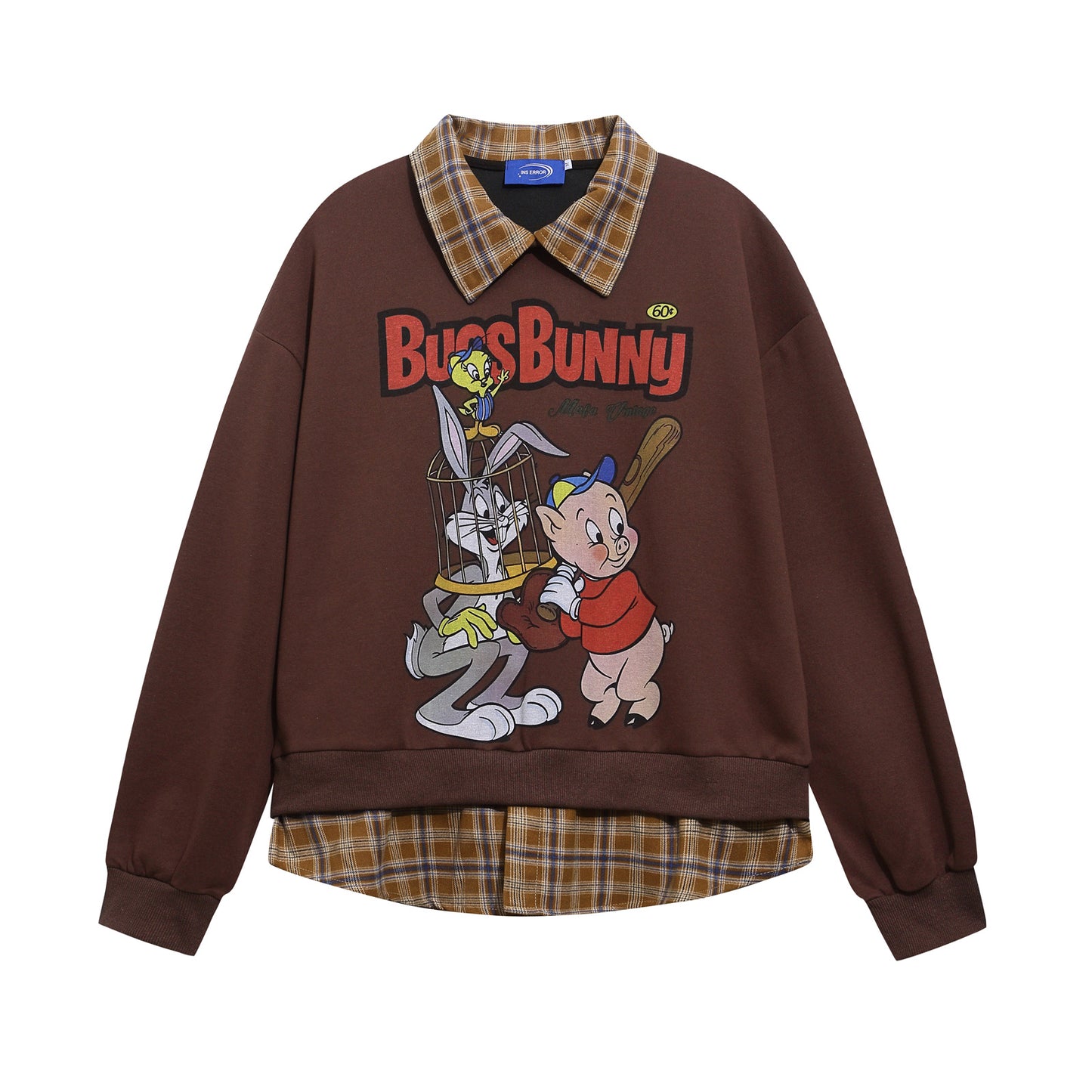 Retro Cartoon Print Patchwork Fake Two-Piece Polo Neck Sweatshirt Unisex Loose Casual Couple Top