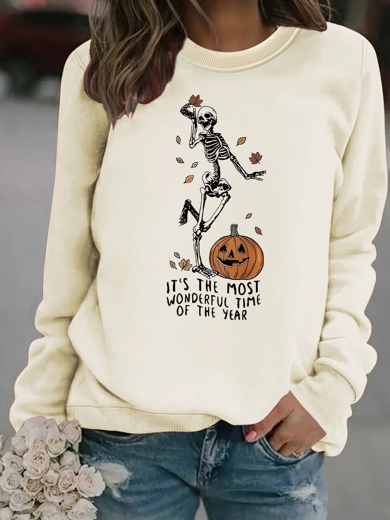 Pumpkin Skull Printed Round Neck Halloween Hoodie