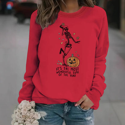 Pumpkin Skull Printed Round Neck Halloween Hoodie