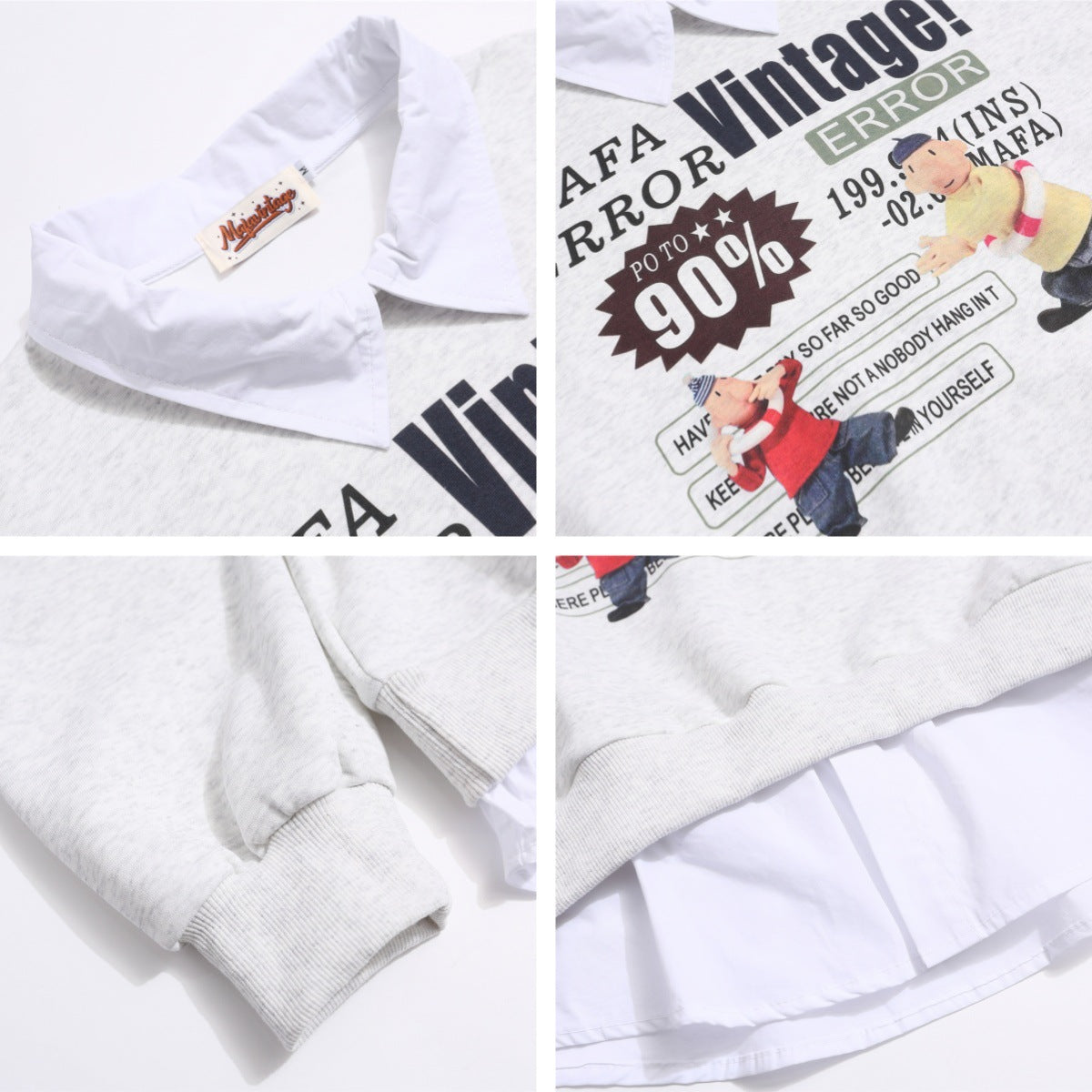 Retro Fun Cartoon Print Spliced Mock Two-Piece Polo Neck Sweatshirt Unisex Casual Top