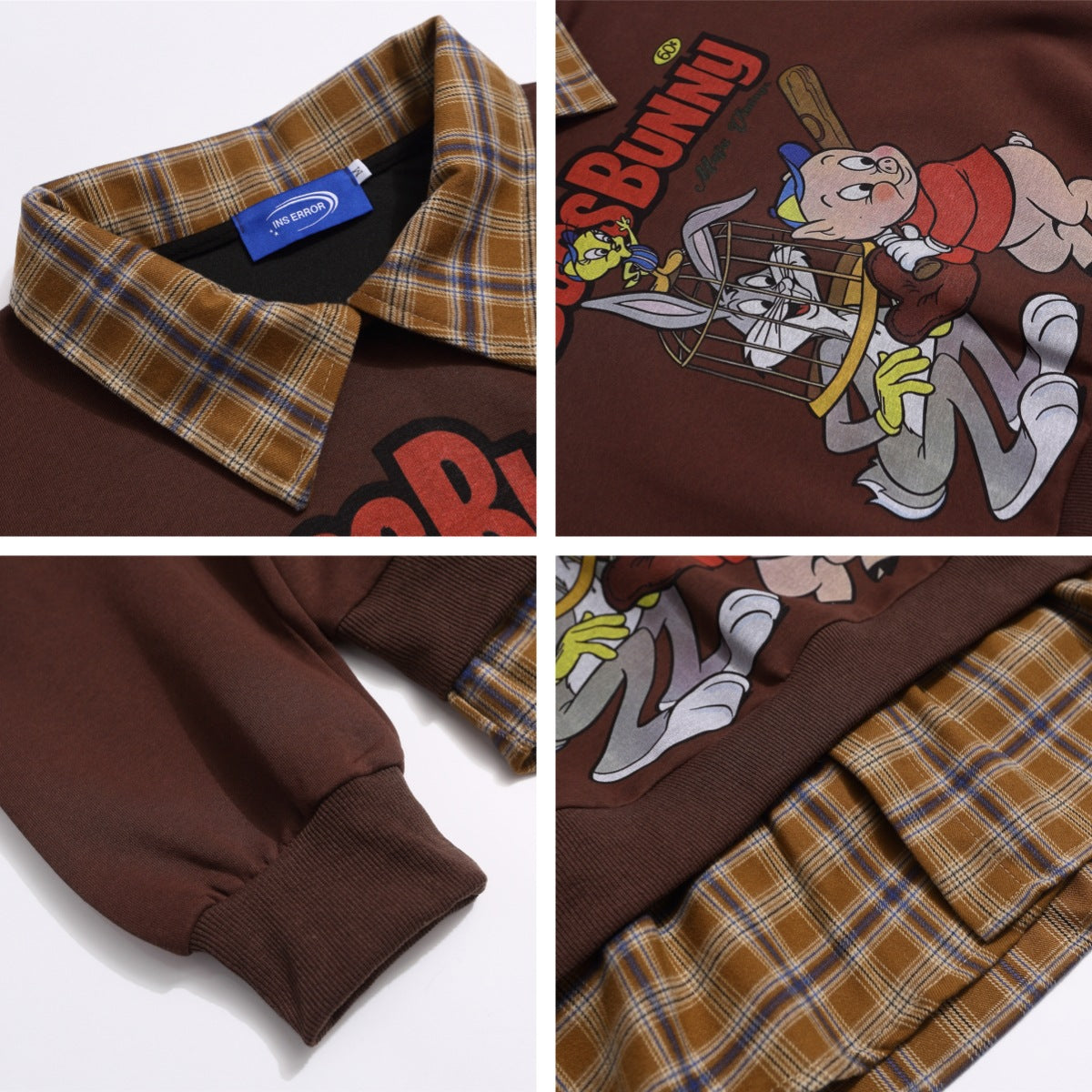 Retro Cartoon Print Patchwork Fake Two-Piece Polo Neck Sweatshirt Unisex Loose Casual Couple Top