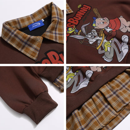 Retro Cartoon Print Patchwork Fake Two-Piece Polo Neck Sweatshirt Unisex Loose Casual Couple Top