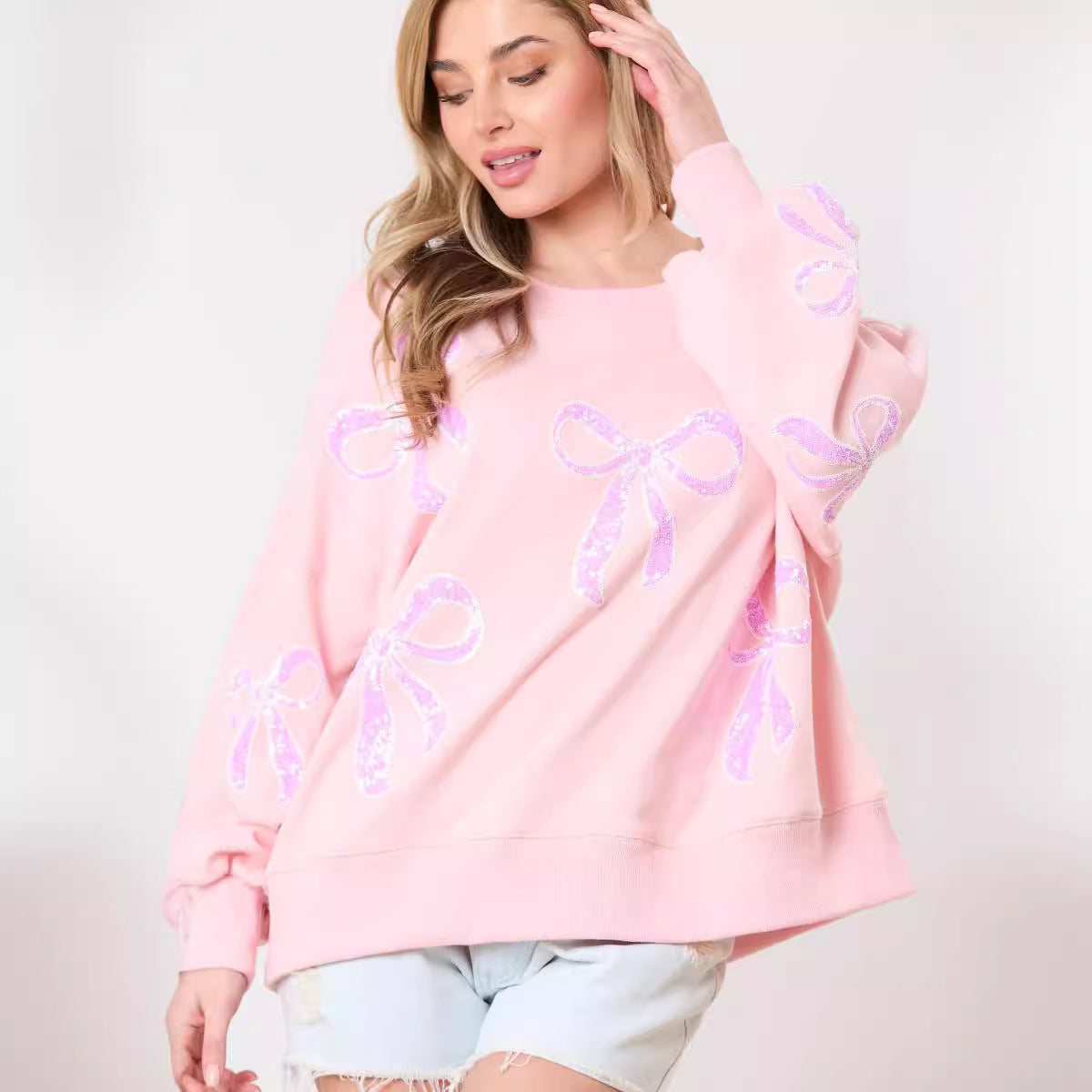Cute Sweet Loose Hoodie with Bow Ribbon Sequins Round Neck for Women