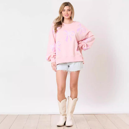 Cute Sweet Loose Hoodie with Bow Ribbon Sequins Round Neck for Women