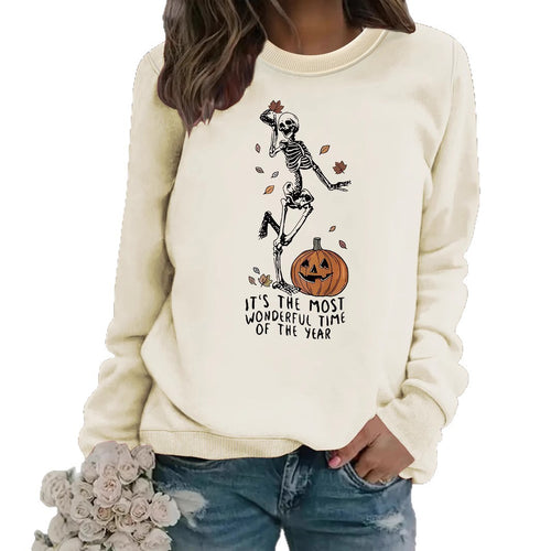 Pumpkin Skull Printed Round Neck Halloween Hoodie