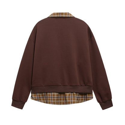 Retro Cartoon Print Patchwork Fake Two-Piece Polo Neck Sweatshirt Unisex Loose Casual Couple Top