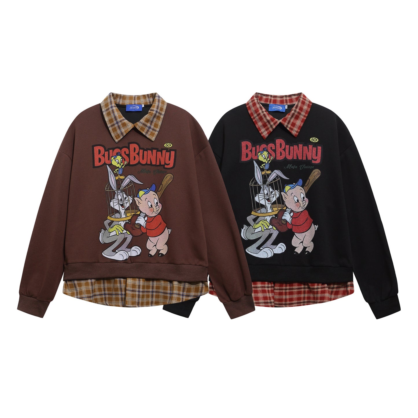 Retro Cartoon Print Patchwork Fake Two-Piece Polo Neck Sweatshirt Unisex Loose Casual Couple Top