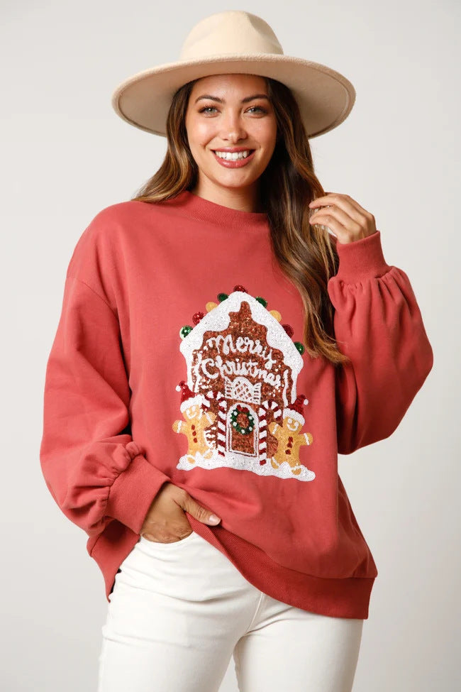 Women's Round Neck Loose Christmas Sequin Hoodie