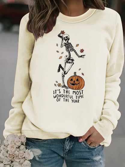 Pumpkin Skull Printed Round Neck Halloween Hoodie
