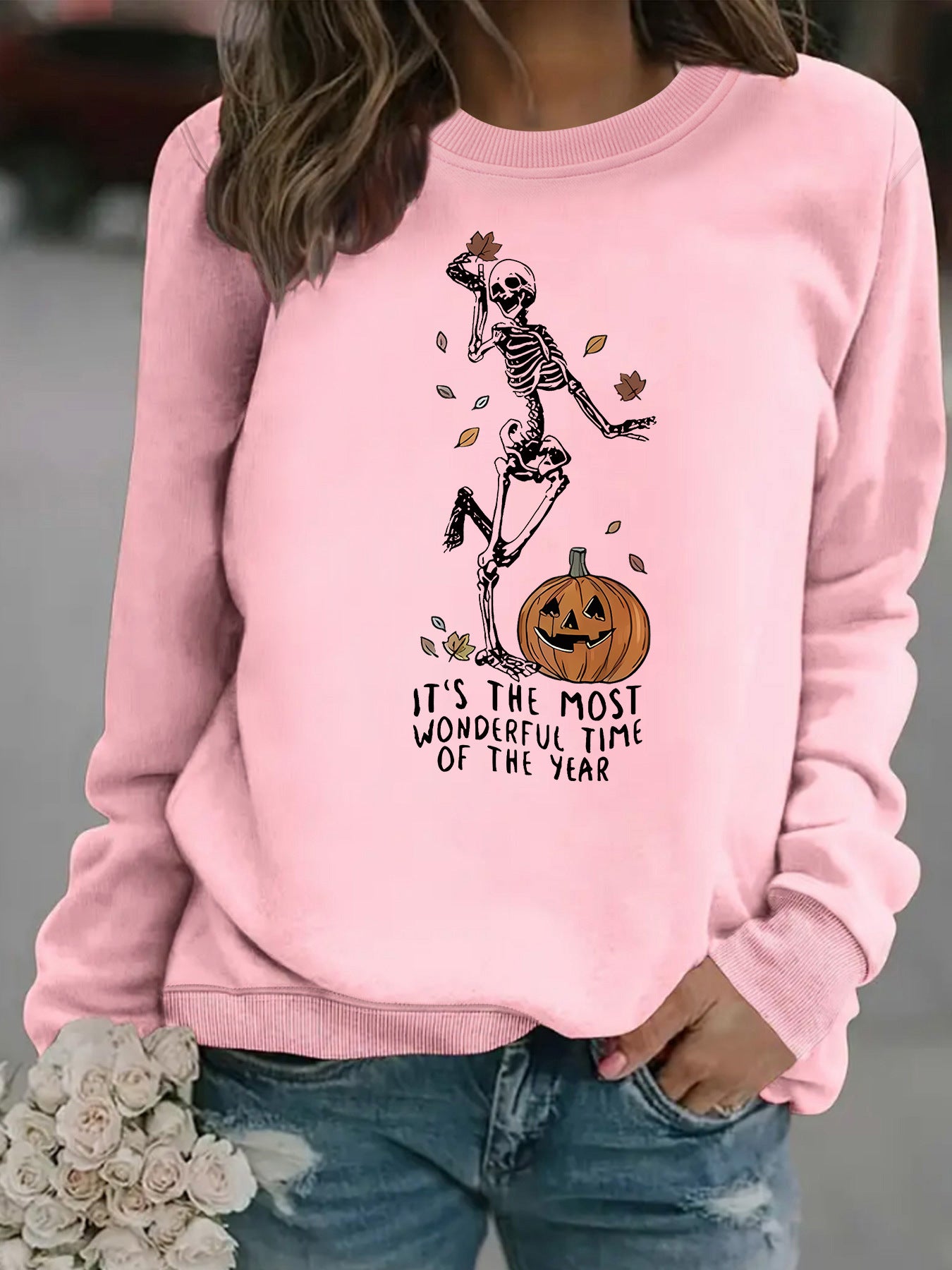 Pumpkin Skull Printed Round Neck Halloween Hoodie