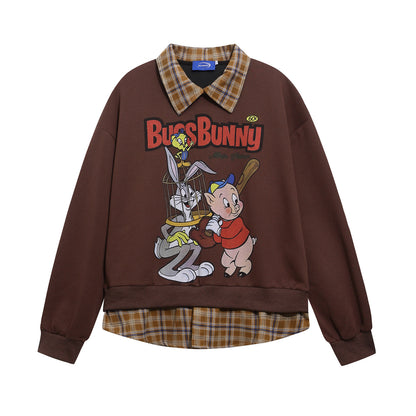 Retro Cartoon Print Patchwork Fake Two-Piece Polo Neck Sweatshirt Unisex Loose Casual Couple Top