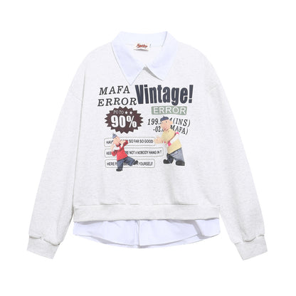 Retro Fun Cartoon Print Spliced Mock Two-Piece Polo Neck Sweatshirt Unisex Casual Top