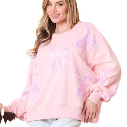Cute Sweet Loose Hoodie with Bow Ribbon Sequins Round Neck for Women