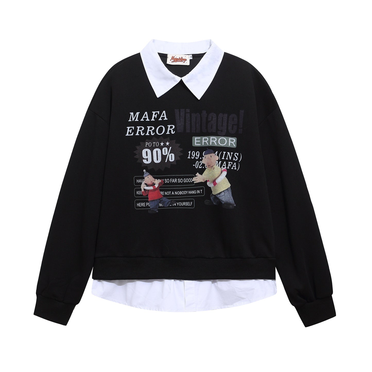 Retro Fun Cartoon Print Spliced Mock Two-Piece Polo Neck Sweatshirt Unisex Casual Top