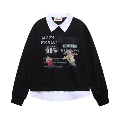Retro Fun Cartoon Print Spliced Mock Two-Piece Polo Neck Sweatshirt Unisex Casual Top