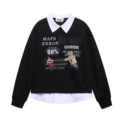Retro Fun Cartoon Print Spliced Mock Two-Piece Polo Neck Sweatshirt Unisex Casual Top