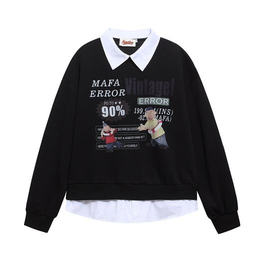 Retro Fun Cartoon Print Spliced Mock Two-Piece Polo Neck Sweatshirt Unisex Casual Top