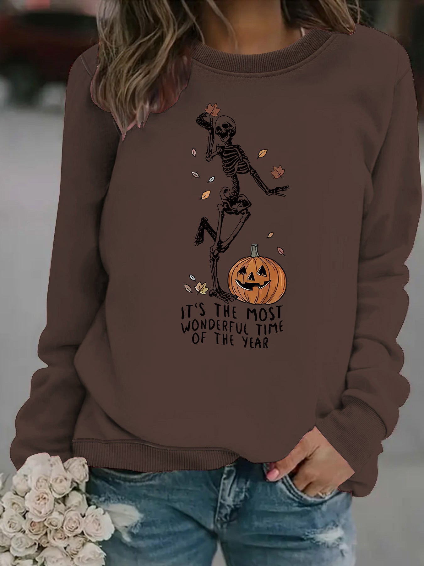 Pumpkin Skull Printed Round Neck Halloween Hoodie