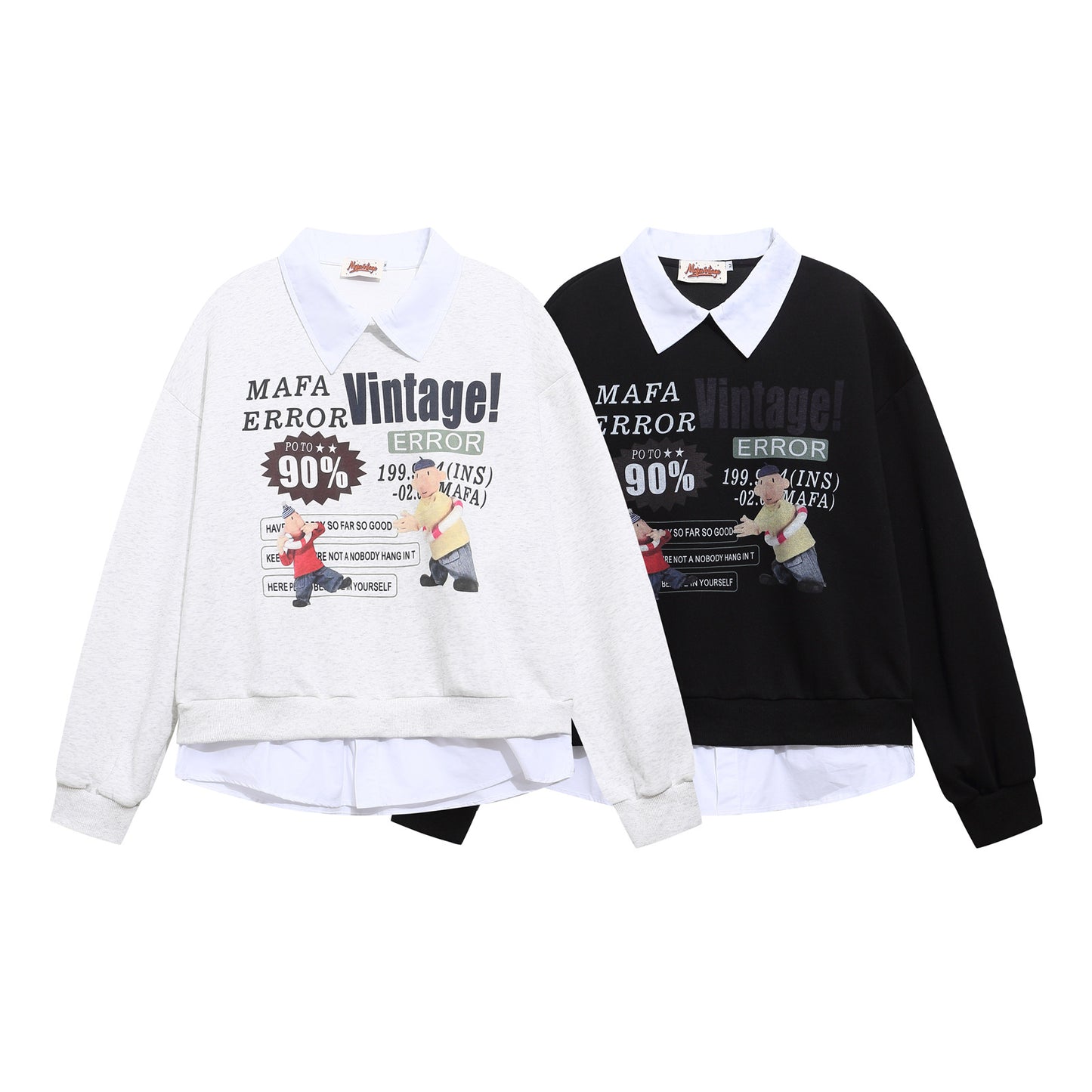 Retro Fun Cartoon Print Spliced Mock Two-Piece Polo Neck Sweatshirt Unisex Casual Top