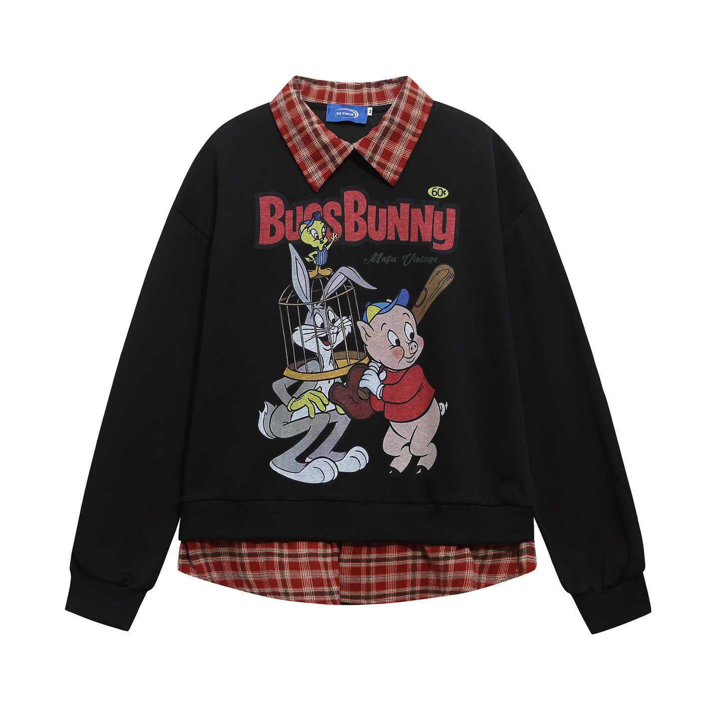 Retro Cartoon Print Patchwork Fake Two-Piece Polo Neck Sweatshirt Unisex Loose Casual Couple Top