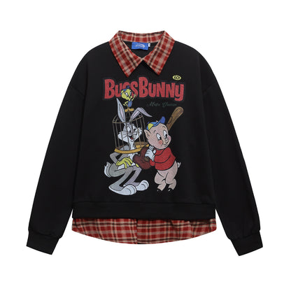 Retro Cartoon Print Patchwork Fake Two-Piece Polo Neck Sweatshirt Unisex Loose Casual Couple Top