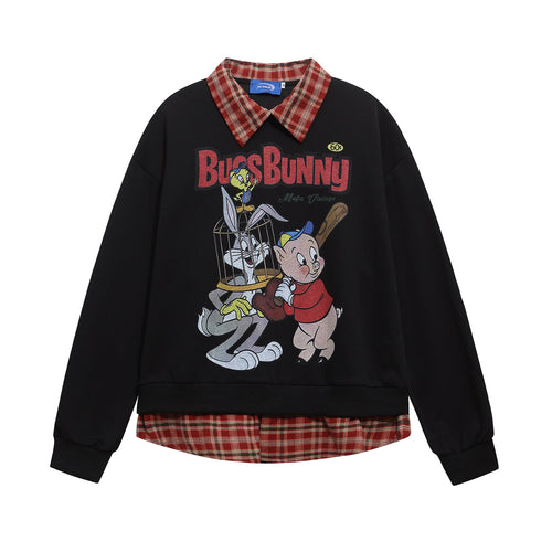 Retro Cartoon Print Patchwork Fake Two-Piece Polo Neck Sweatshirt Unisex Loose Casual Couple Top