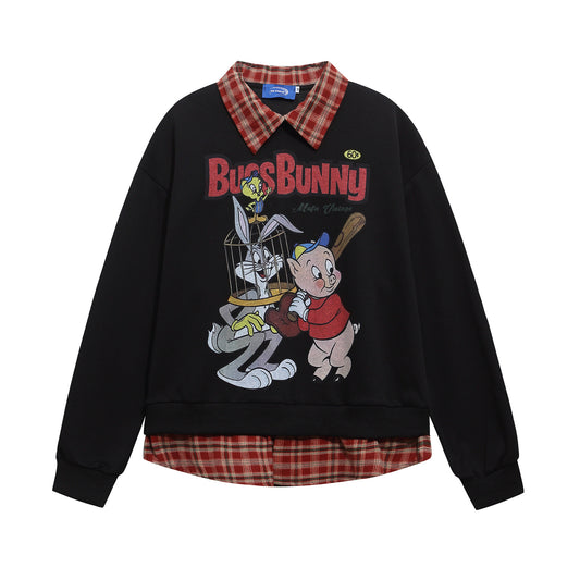 Retro Cartoon Print Patchwork Fake Two-Piece Polo Neck Sweatshirt Unisex Loose Casual Couple Top