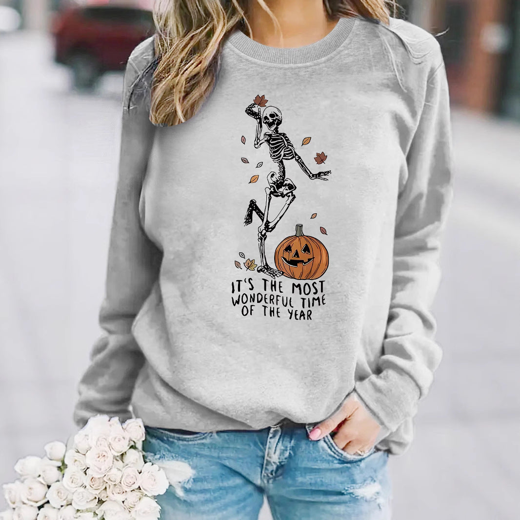 Pumpkin Skull Printed Round Neck Halloween Hoodie