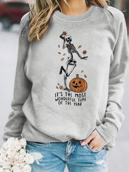 Pumpkin Skull Printed Round Neck Halloween Hoodie