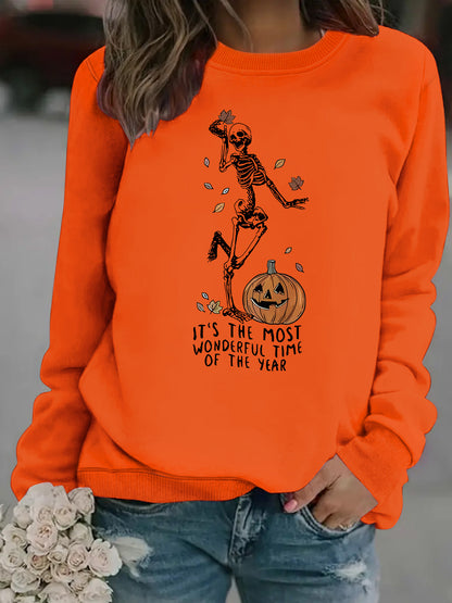 Pumpkin Skull Printed Round Neck Halloween Hoodie